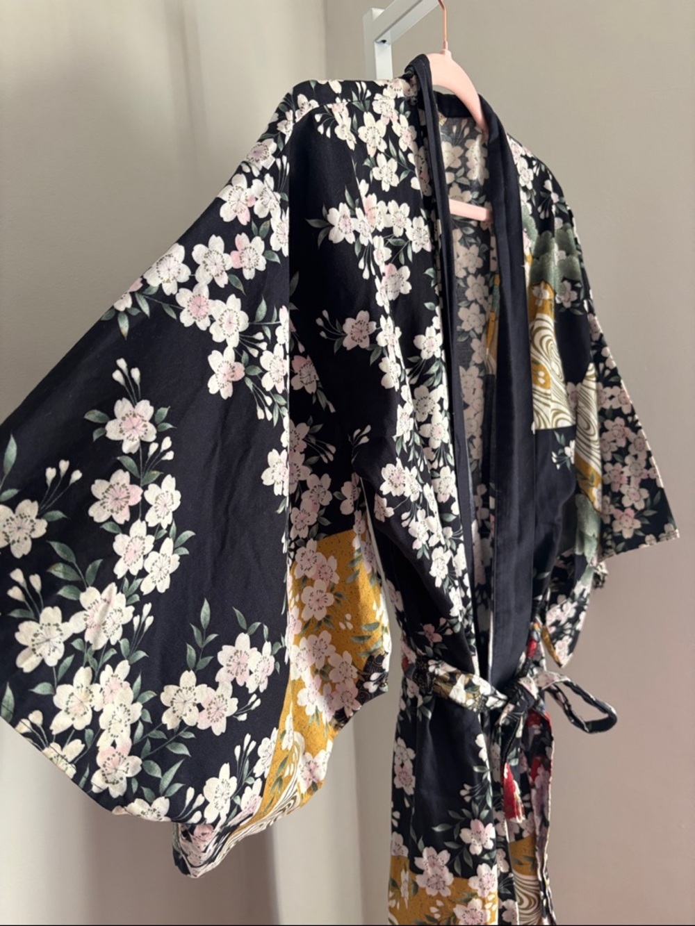 Japanese Cotton Black Floral Kimono Robe with Gold Accents and Cherry Blossoms